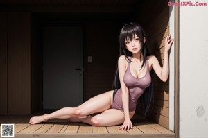 A woman with big tits sitting on the ground.