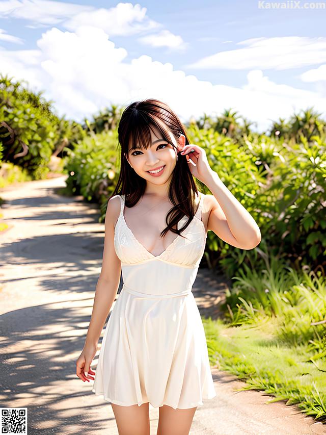 A woman in a white dress posing for a picture.