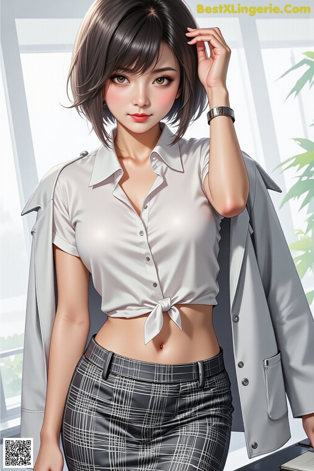 A woman in a white shirt and plaid skirt posing for a picture.