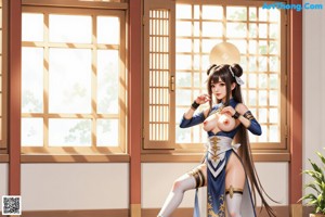 A woman in traditional attire holds a sword, standing outdoors near a tree and building.