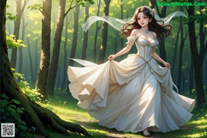 A woman in a white dress walking through a forest.