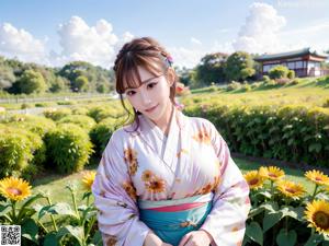 A woman in a purple kimono posing for a picture.