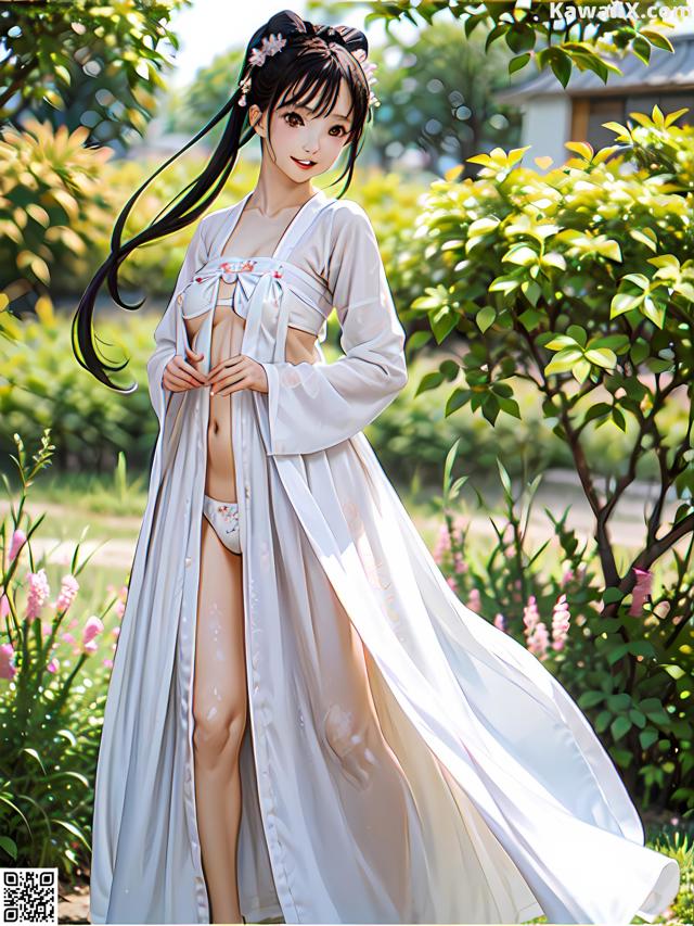 A woman in a white kimono standing in a garden.