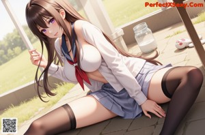 A girl in a school uniform sitting on a window sill.