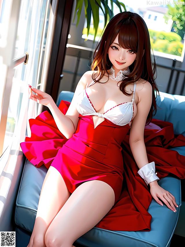 A woman in a red dress sitting on a blue couch.
