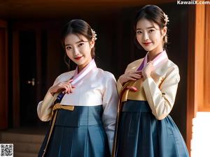 A woman in a white and pink hanbok is posing for a picture.