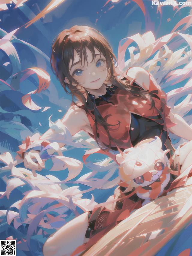 A girl in a red and black outfit holding a white cat.