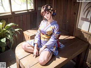 A woman in a kimono sitting on a rock in the water.