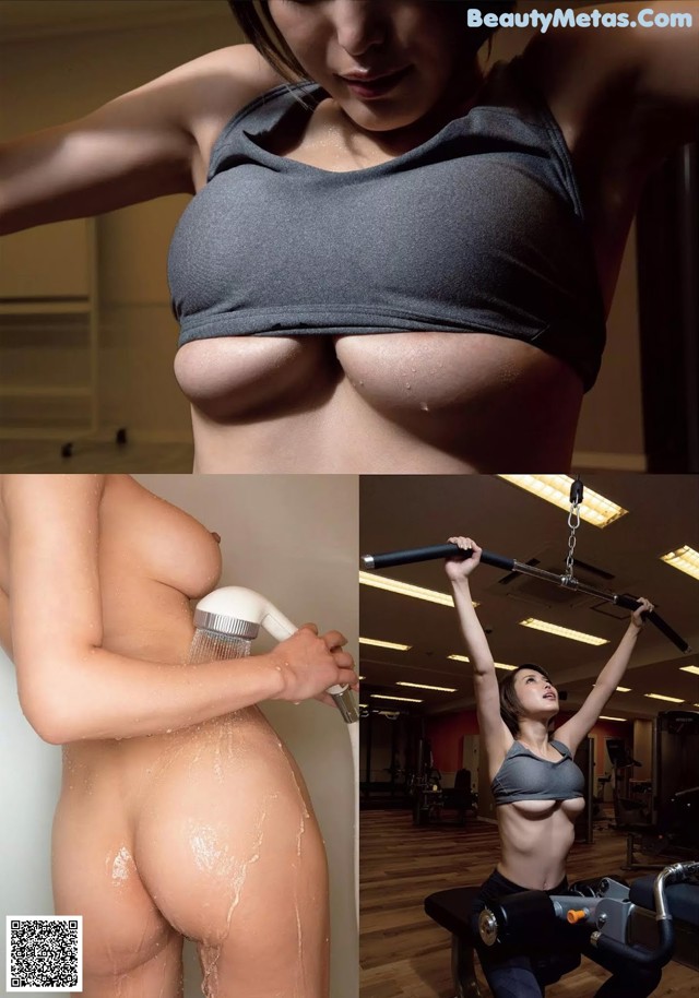 A woman in a gray top is taking a shower in a gym.