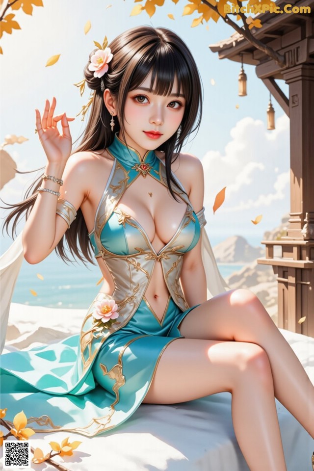Hentai - The Frozen Elegance That Melts Starlight Set.1 20250104 Part 15 No.a3b50f A woman in a blue and gold dress sitting on a bench.