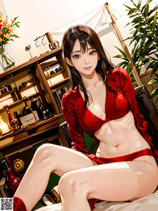 A woman in a red lingerie sitting on a bed.