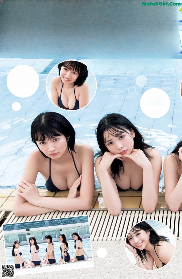 A group of women in bikinis sitting next to a swimming pool.