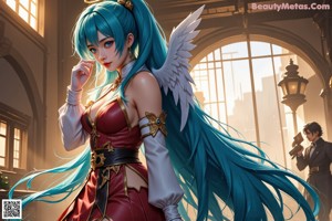 A woman with blue hair sitting on a chair.