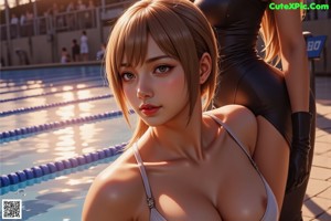 A woman in a brown bikini sitting next to a swimming pool.