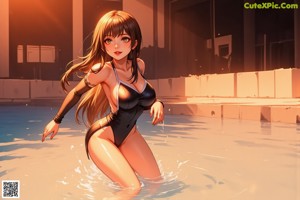 A woman in a black bathing suit standing next to a swimming pool.
