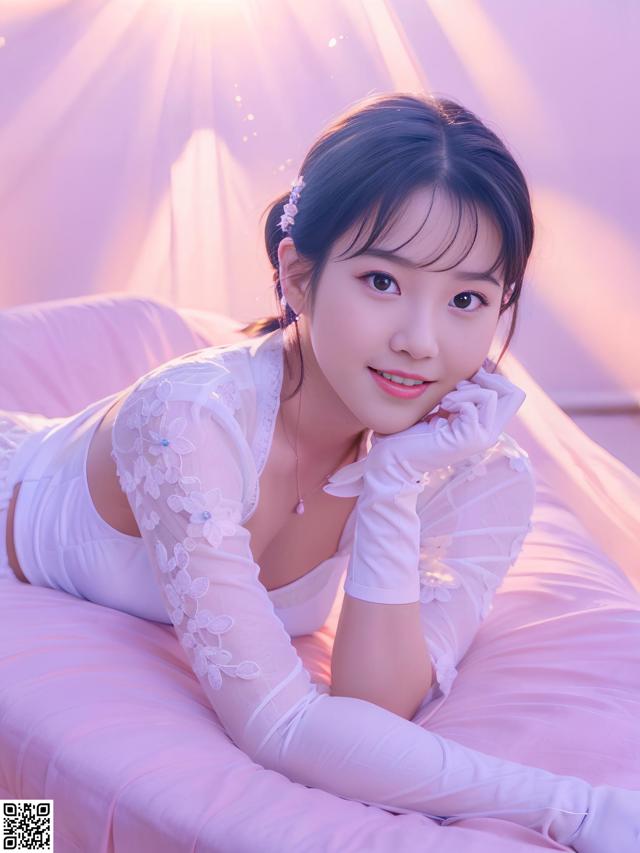 A woman in a white dress laying on a pink bed.