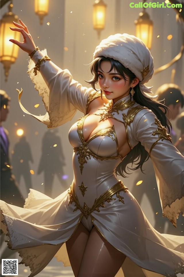 A woman in a white dress and a white hat is dancing.