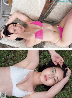 a woman in a white bikini laying on the ground covered in mud