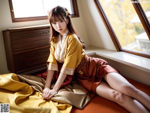 A woman in a kimono sitting on a bed.