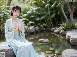 A woman in a blue robe posing for the camera.