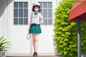 A woman in shorts and high heels is sitting on a bed.