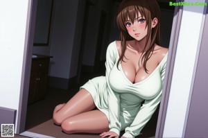 Anime girl with big tits posing naked in a bathroom.