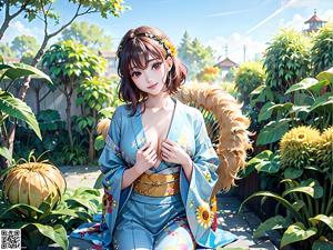A woman in a blue kimono sitting on a wooden bench.