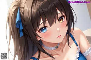 A woman in a blue and white lingerie sitting on a bed.