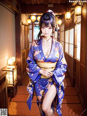 A woman in a kimono sitting on a wooden floor.