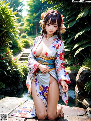 A woman in a blue kimono is posing for the camera.