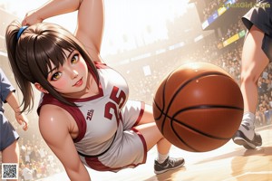 A woman in a basketball uniform holding a basketball.