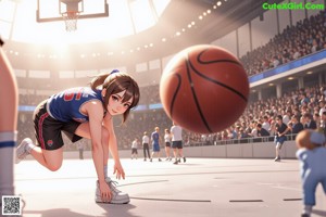 A girl in a blue and white uniform holding a basketball.