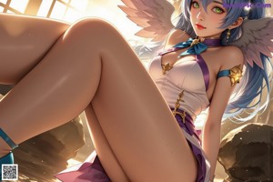 A woman with long blue hair wearing a purple outfit.