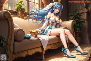 A woman with blue hair sitting on a window sill.