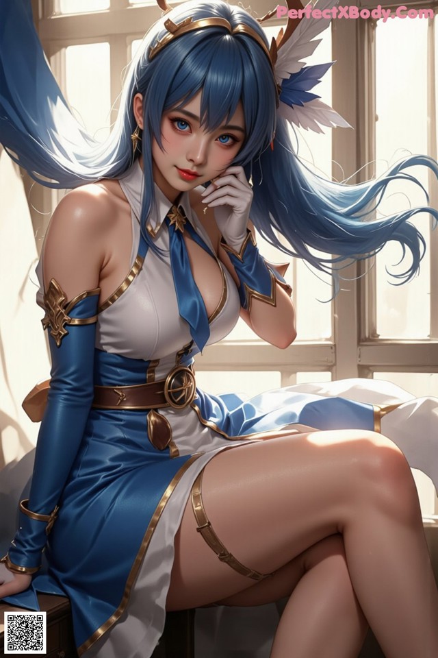 Hentai - Captivating Grace of the Cosmic Maiden Set.1 20250124 Part 9 No.177af9 A woman in a blue and white dress sitting on a window sill.