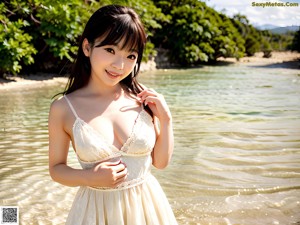 A woman in a red dress standing on a beach.