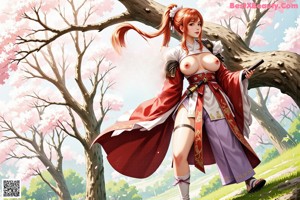 A woman in traditional attire holds a sword, standing amidst cherry blossoms and a white bird.