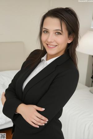 A woman with glasses sitting on a white couch.