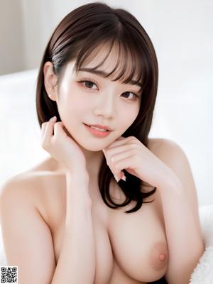 A naked asian woman leaning against a window.