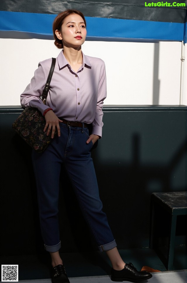 A woman in a purple shirt and blue jeans posing for a picture.