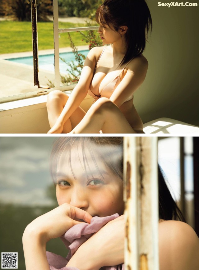 A woman in a bikini sitting on a window sill.