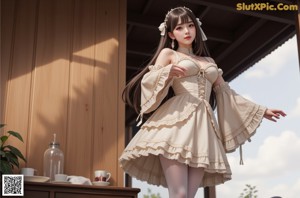 a woman in a dress and stockings standing on a bed