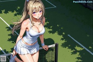 A woman in a white bikini sitting on a tennis court.