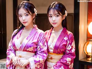 A woman in a pink kimono posing for a picture.
