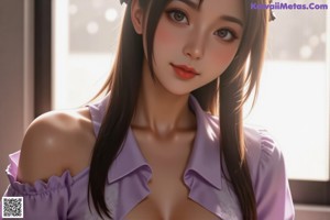 a sexy anime girl with big tits sitting on a table