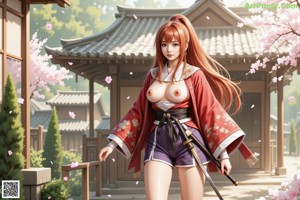 A woman in traditional attire stands outdoors with cherry blossoms and a serene background.