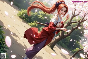 A woman in a red and white outfit holds a sword, standing outdoors with cherry blossom petals.