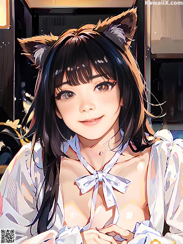 A girl with long black hair wearing a cat ears headband.