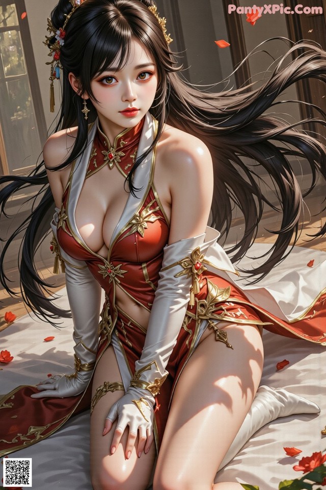 Hentai - The Frozen Elegance That Melts Starlight Set.1 20250104 Part 18 No.d6dfc7 A woman in a red and white outfit sitting on a bed.