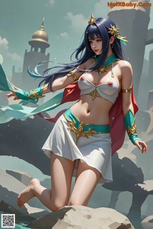 A woman in a bikini with long black hair and a crown.